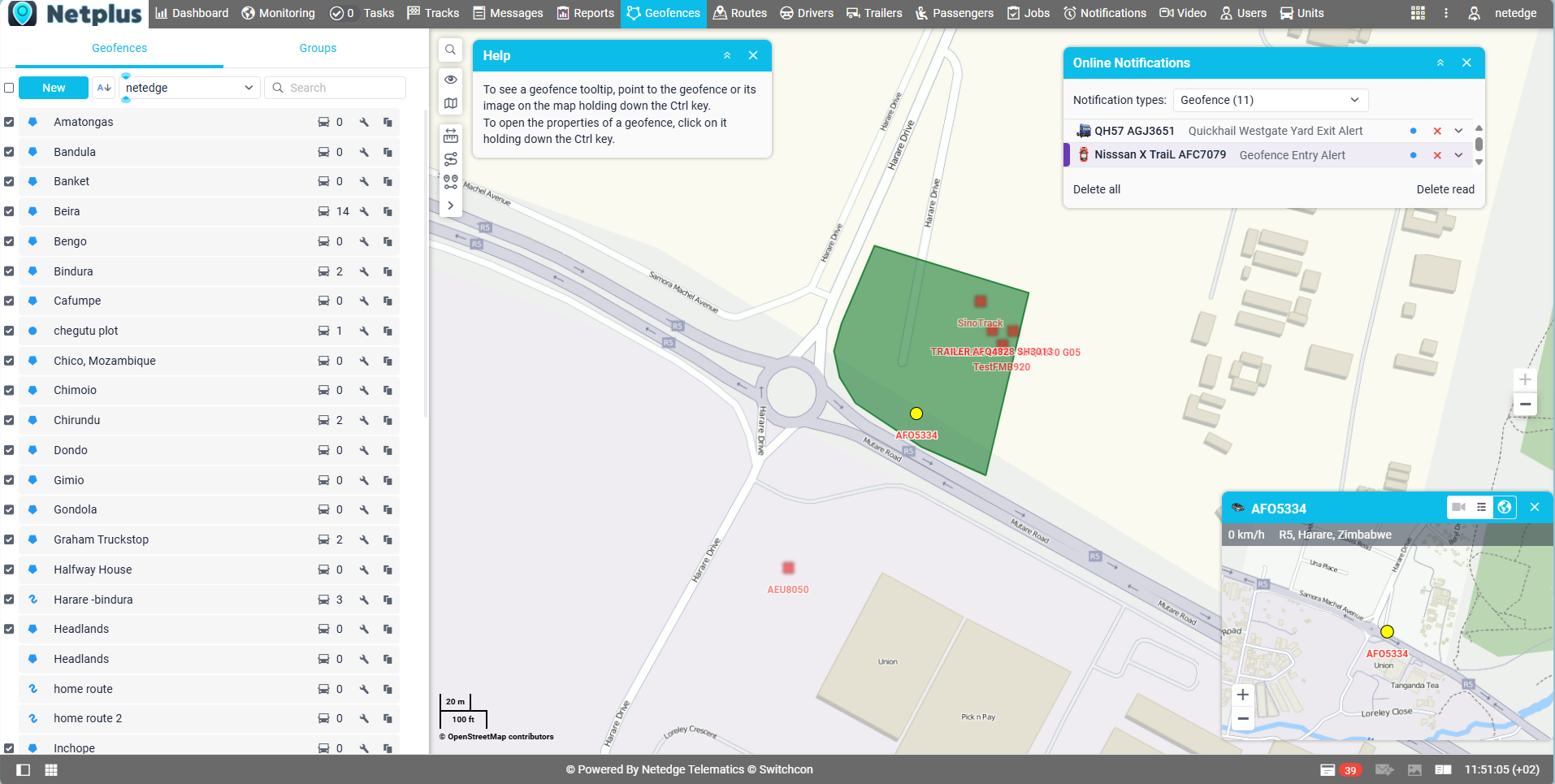 Geofence tab in NetPlus by Netedge Telematics showing custom zone creation and real-time entry/exit alerts.